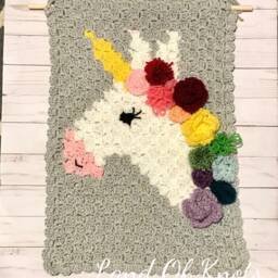 Crochet Unicorn Wall Hanging With Flowers, Kids Decor - thumbnail 2