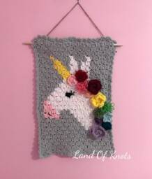 Crochet Unicorn Wall Hanging With Flowers, Kids Decor - thumbnail 1