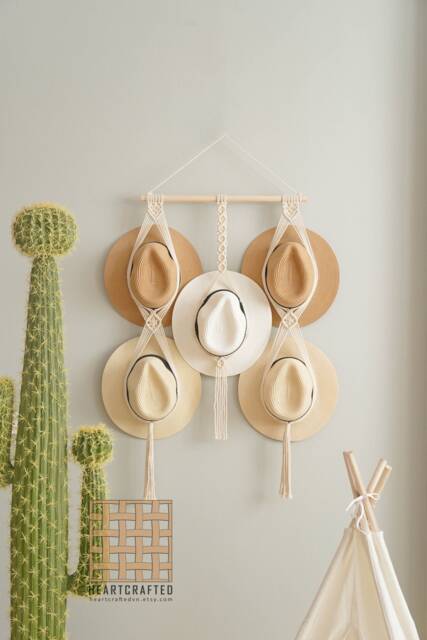 Macrame Hat Display, Farmhouse Decor Wall, House Warming Gift, Hanging Cap Rack, Mother Day Rustic Decor, Holder, Gift For Her H12 - image 1