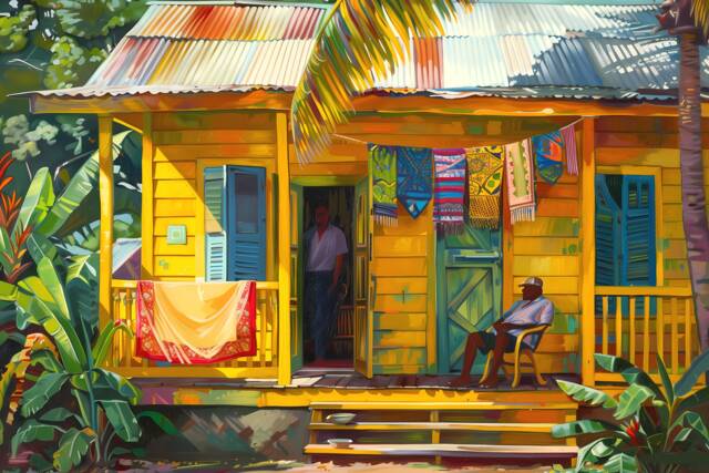 Caribbean House Print Yellow Painted Wooden Tropical Island Art Grenada - image 1