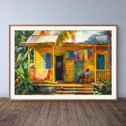 Caribbean House Print Yellow Painted Wooden Tropical Island Art Grenada - thumbnail 2