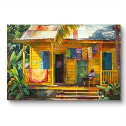 Caribbean House Print Yellow Painted Wooden Tropical Island Art Grenada - thumbnail 3
