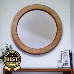 Round Wooden Framed Mirror Oak, Walnut, Or Cherry Veneer