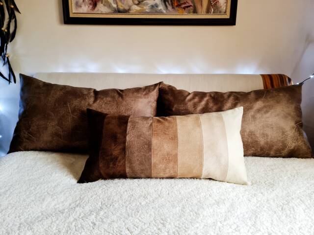 Brown Vegan Leather Lumbar Pillow Cover Pieced Scandinavian Decor - 16x32 Inch - image 1