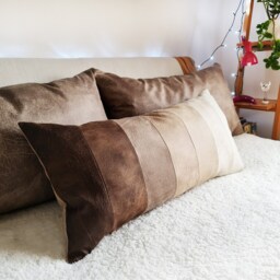 Brown Vegan Leather Lumbar Pillow Cover Pieced Scandinavian Decor - 16x32 Inch - thumbnail 3