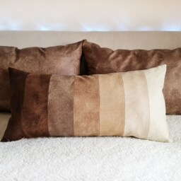 Brown Vegan Leather Lumbar Pillow Cover Pieced Scandinavian Decor - 16x32 Inch - thumbnail 2