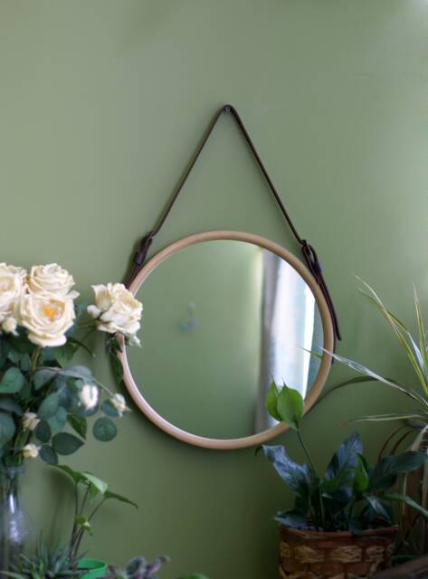 Round Vanity Mirror, Brown Farmhouse Wood Modern Bathroom Leather Wall Mirror, Hanging Mirror - image 1