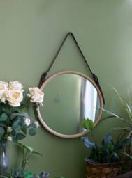 Round Vanity Mirror, Brown Farmhouse Wood Modern Bathroom Leather Wall Mirror, Hanging Mirror