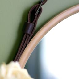 Round Vanity Mirror, Brown Farmhouse Wood Modern Bathroom Leather Wall Mirror, Hanging Mirror - thumbnail 2