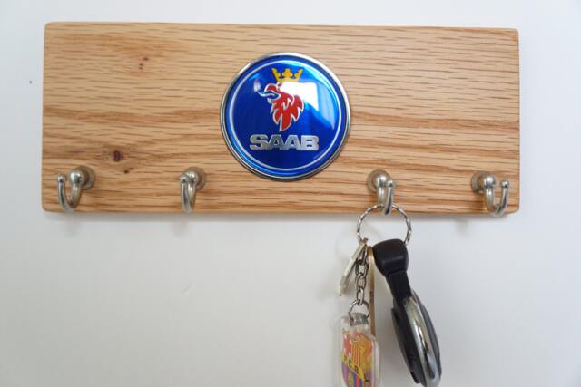 Saab Wood Key Holder Wall Mounted Organizer With Metal Hooks - image 1