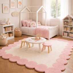 Pink Scalloped Wool Rug, Hand Tufted Hallway Carpet, Modern Wavy Edge Area Rug - thumbnail 3