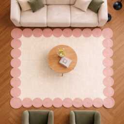 Pink Scalloped Wool Rug, Hand Tufted Hallway Carpet, Modern Wavy Edge Area Rug - thumbnail 2