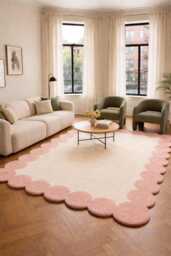 8x10 Pink Scalloped Wool Rug, Hand Tufted Hallway Carpet, Modern Wavy Edge Area Kitchen Runner Oushak Carpets, Dream Room Rugs