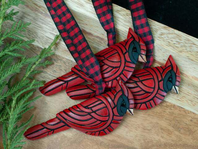 Cardinal Ornament On Buffalo Plaid Ribbon, Bright Red Christmas Bird Decoration, Mosaic Art, Festive Holiday Style, Unique Gift Idea, Tree - image 1