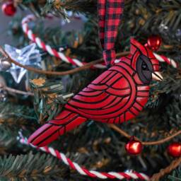 Cardinal Ornament On Buffalo Plaid Ribbon, Bright Red Christmas Bird Decoration, Mosaic Art, Festive Holiday Style, Unique Gift Idea, Tree - thumbnail 3