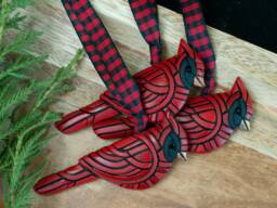 Cardinal Ornament On Buffalo Plaid Ribbon, Bright Red Christmas Bird Decoration, Mosaic Art, Festive Holiday Style, Unique Gift Idea, Tree