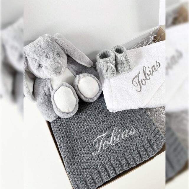 Personalised Baby Gift Set, Embroidered Blanket, Hooded Towel, Teddy Bear & Booties, 5 Colours - image 1