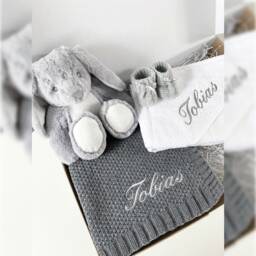 Personalised Baby Gift Set, Embroidered Blanket, Hooded Towel, Teddy Bear & Booties, 5 Colours - thumbnail 1