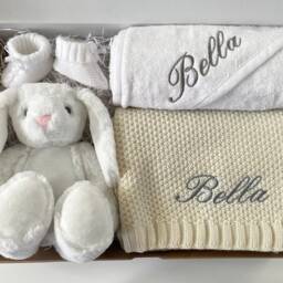 Personalised Baby Gift Set, Embroidered Blanket, Hooded Towel, Teddy Bear & Booties, 5 Colours - thumbnail 4