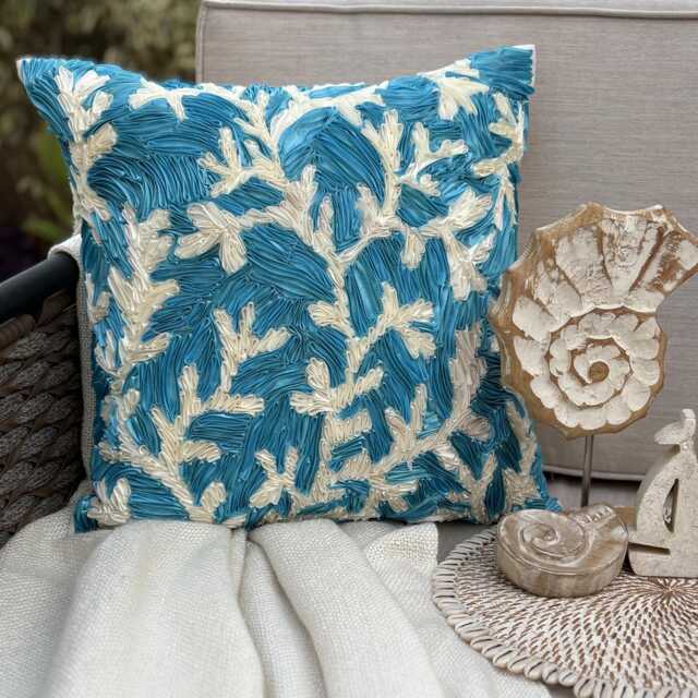 Art Silk Blue Ribbon Embroidered Sea Creature Pattern 24x24/26x26 Beach Style Euro Sham - Aqua Ornate - image 1