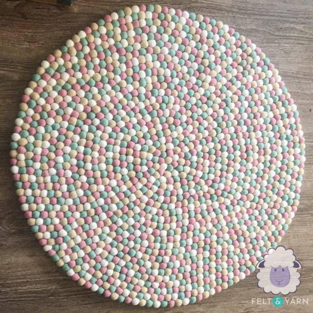 Minty Dream Round Felt Ball Rug, Wool Handmade Play Mat, Kids Nursery Playroom Carpet, Felted Pom Rugs, Circle Rug - image 1