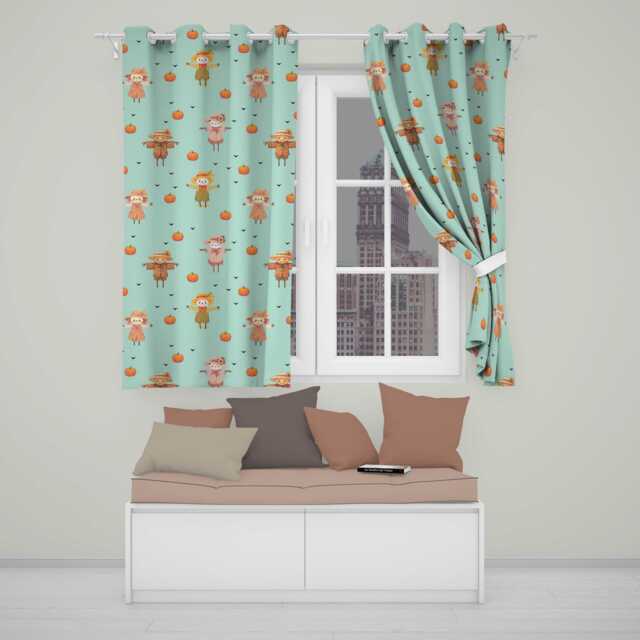 Cute Autumn Scarecrow Pumpkins Flying Birds Teal Seamless Pattern Readymade Eyelet Ring Top Thermal 100% Blackout Curtains - image 1