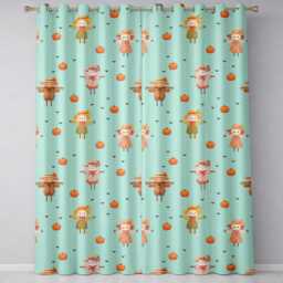 Cute Autumn Scarecrow Pumpkins Flying Birds Teal Seamless Pattern Readymade Eyelet Ring Top Thermal 100% Blackout Curtains - thumbnail 2