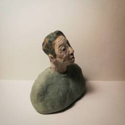 Small Male Bust/ Man in Green/ Unique Ceramic Sculpture - thumbnail 3