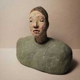 Small Male Bust/ Man in Green/ Unique Ceramic Sculpture - thumbnail 2