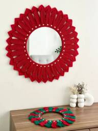 Red Mandala Macrame Mirror With Beads, Bohemian Wall Decor