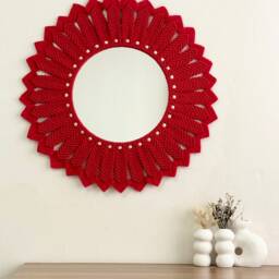 Red Mandala Macrame Mirror With Beads, Bohemian Wall Decor - thumbnail 3