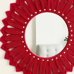 Red Mandala Macrame Mirror With Beads, Bohemian Wall Decor - thumbnail 2