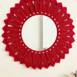 Red Mandala Macrame Mirror With Beads, Bohemian Wall Decor - thumbnail 4