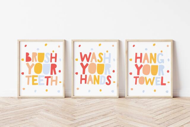 Set Of 3 Kids Bathroom Prints, Wash Your Hands Print, Playroom Wall Art, Decor, Signs, Art - image 1