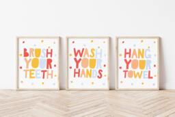 Set Of 3 Kids Bathroom Prints, Wash Your Hands Print, Playroom Wall Art, Decor, Signs, Art - thumbnail 1