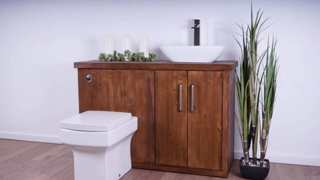 Hand-Crafted Bathroom Combination Vanity Unit - Back To Wall Toilet, Compact Washstand Walnut Finish - image 1