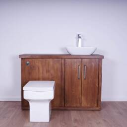 Hand-Crafted Bathroom Combination Vanity Unit - Back To Wall Toilet, Compact Washstand Walnut Finish - thumbnail 2