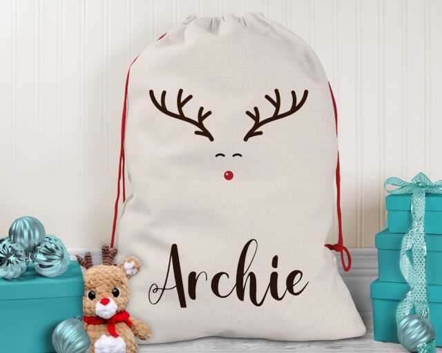 Personalised Large Christmas Rudolph Sack Name Xmas Stocking Gift Reindeer Red Drawstring Decoration Sk003 - image 1