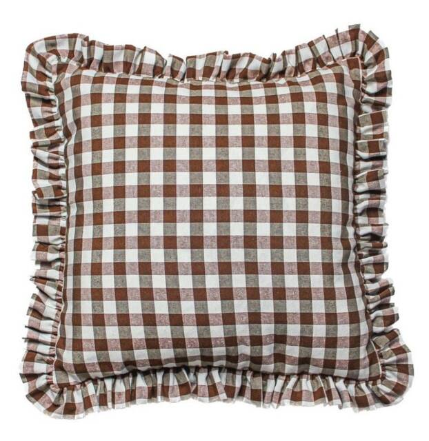 Mid Brown Gingham Cushion Cover With Matching Ruffle Handmade Quality Cotton in The UK - image 1