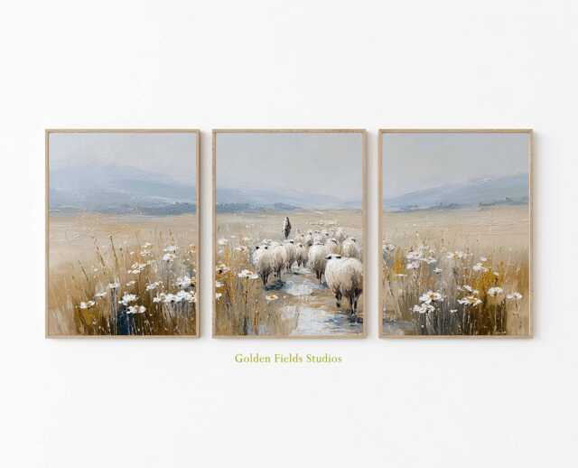 Neutral Sheep Landscape Set Of 3 Prints - Country Farmhouse Wall Art Pastoral Meadow Poster Rustic Field Painting Decor - image 1