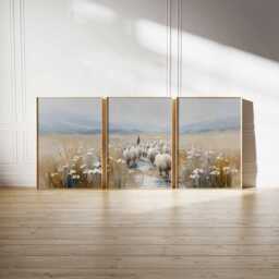 Neutral Sheep Landscape Set Of 3 Prints - Country Farmhouse Wall Art Pastoral Meadow Poster Rustic Field Painting Decor - thumbnail 2