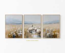 Neutral Sheep Landscape Set Of 3 Prints - Country Farmhouse Wall Art Pastoral Meadow Poster Rustic Field Painting Decor - thumbnail 1