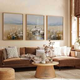 Neutral Sheep Landscape Set Of 3 Prints - Country Farmhouse Wall Art Pastoral Meadow Poster Rustic Field Painting Decor - thumbnail 3