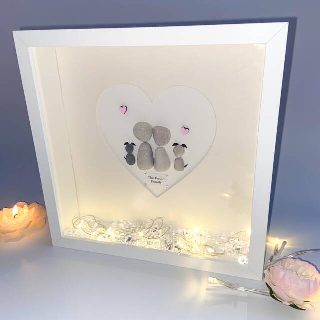 Family Heart Personalised Pebble Art Picture Frame Dog Mum Birthday 50Th 60Th Gift Her Stone Wife Rock Frame With Dog Family Art - image 1