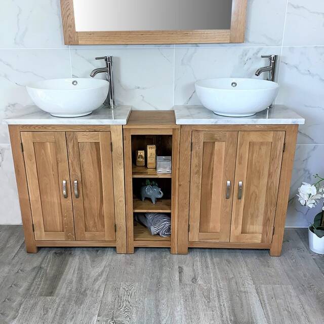 Bathroom Vanity Unit - Sink Washstand Slimline Oak With White Marble Worktop & Sit On Basins Taps Plugs Included - image 1
