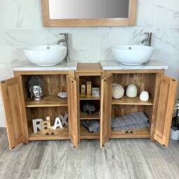 Bathroom Vanity Unit - Sink Washstand Slimline Oak With White Marble Worktop & Sit On Basins Taps Plugs Included - thumbnail 2