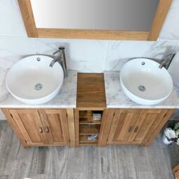 Bathroom Vanity Unit - Sink Washstand Slimline Oak With White Marble Worktop & Sit On Basins Taps Plugs Included - thumbnail 3