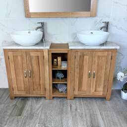 Bathroom Vanity Unit - Sink Washstand Slimline Oak With White Marble Worktop & Sit On Basins Taps Plugs Included - thumbnail 1