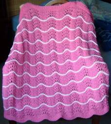 New Handmade Fuchsia Pink Knit Crochet Baby Afghan Blanket Throw Newborn Infant Wave Trim - thumbnail 2
