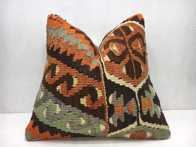Vintage Turkish Kilim Pillow Cover, Handwoven Bohemian Accent - 16x16 - image 1